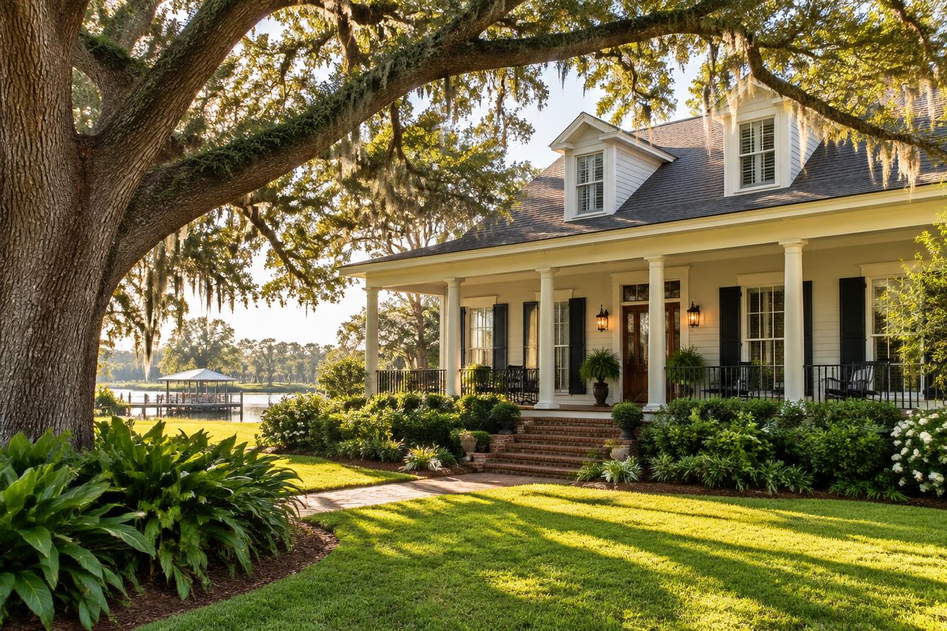 A well-kept Louisiana home with oak trees and a welcoming front porch